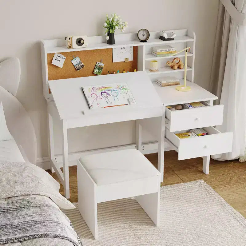 Kinderbureau met stoel, houten studeertafel met verstelbaar schuin bureaublad, lades en prikbord van kurk - schoolbureau voor kinderen