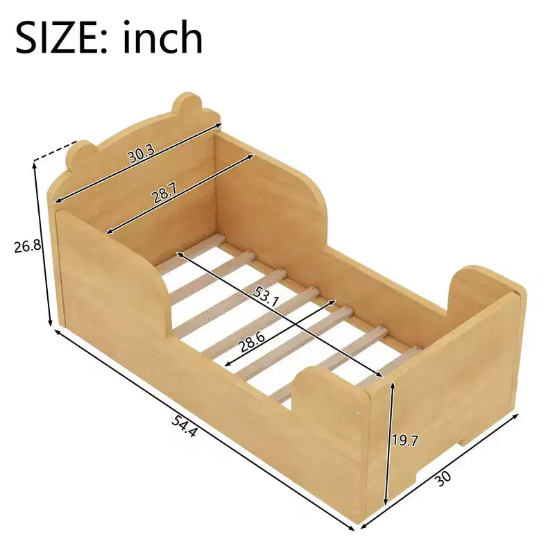 Lit au sol en forme d’ours Okak pour les 3-6 ans, cadre de lit pour tout-petit avec barrière de sécurité, joli lit pour enfant en forme d’animal