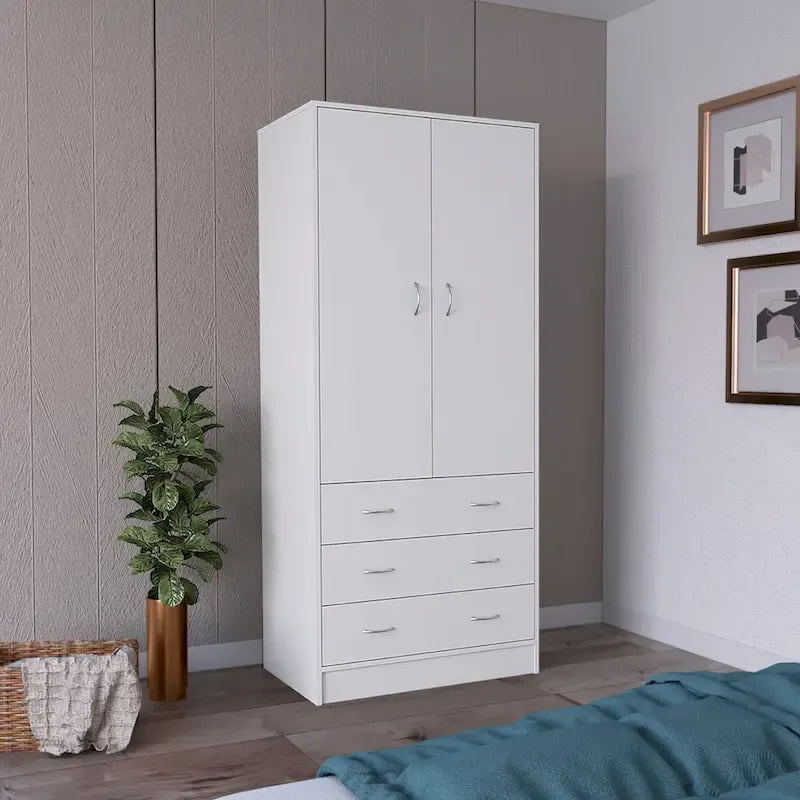19 Moderner zweitüriger Kleiderschrank mit 3 Schubladen und 1 Kleiderstange fürs Schlafzimmer