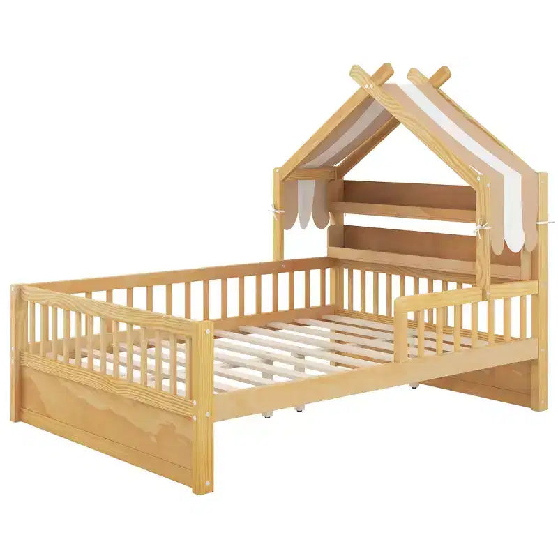 Lit cabane en bois ModernLuxe pour lit simple ou double avec tête de lit de rangement, cadre de lit pour enfant en pin massif avec barrières de sécurité
