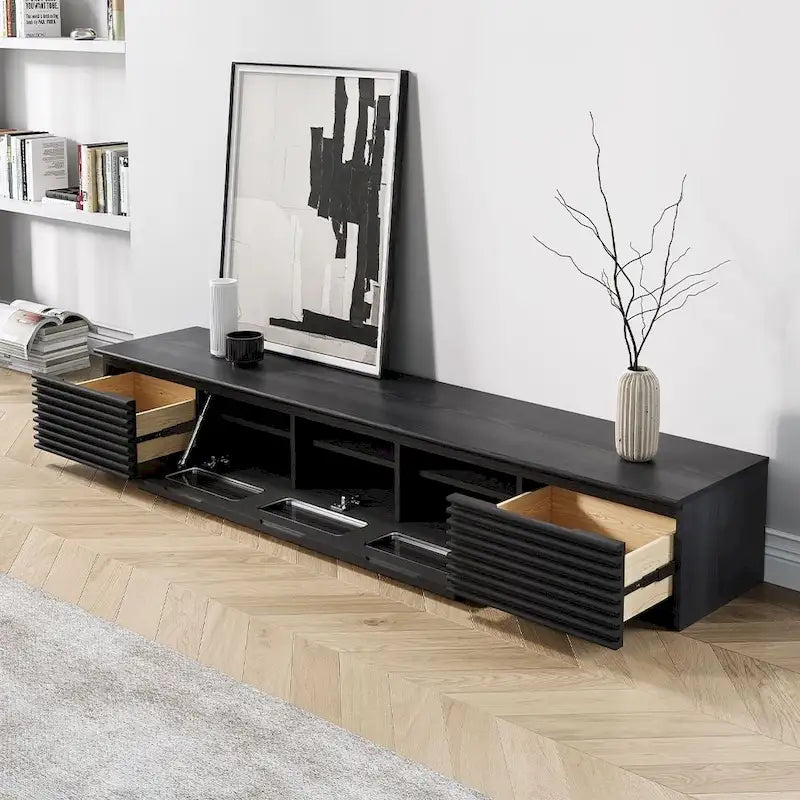 Minimalistische tv-kast met lades, mediameubel van massief hout met kasten, neerklapbare deur, walnootfineer, volledig gemonteerd
