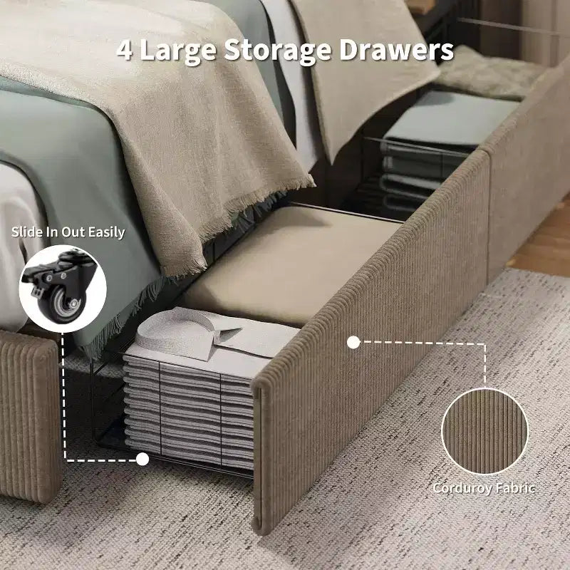CuisinSmart-Bettrahmen aus Cord mit Kopfteil, gepolsterter Plattformbett-Rahmen mit 4 Schubladen und Lattenrost aus Holz