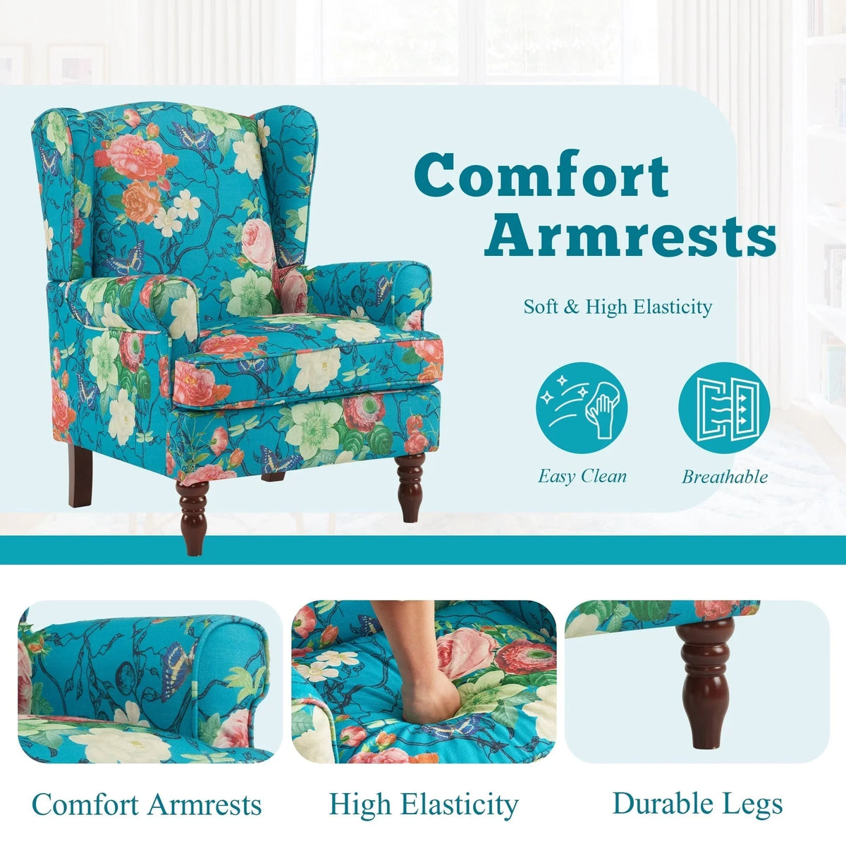 Fauteuil d’appoint moderne Erommy à dossier haut, fauteuil une place en tissu rembourré avec boutons et pieds en bois, pour salon