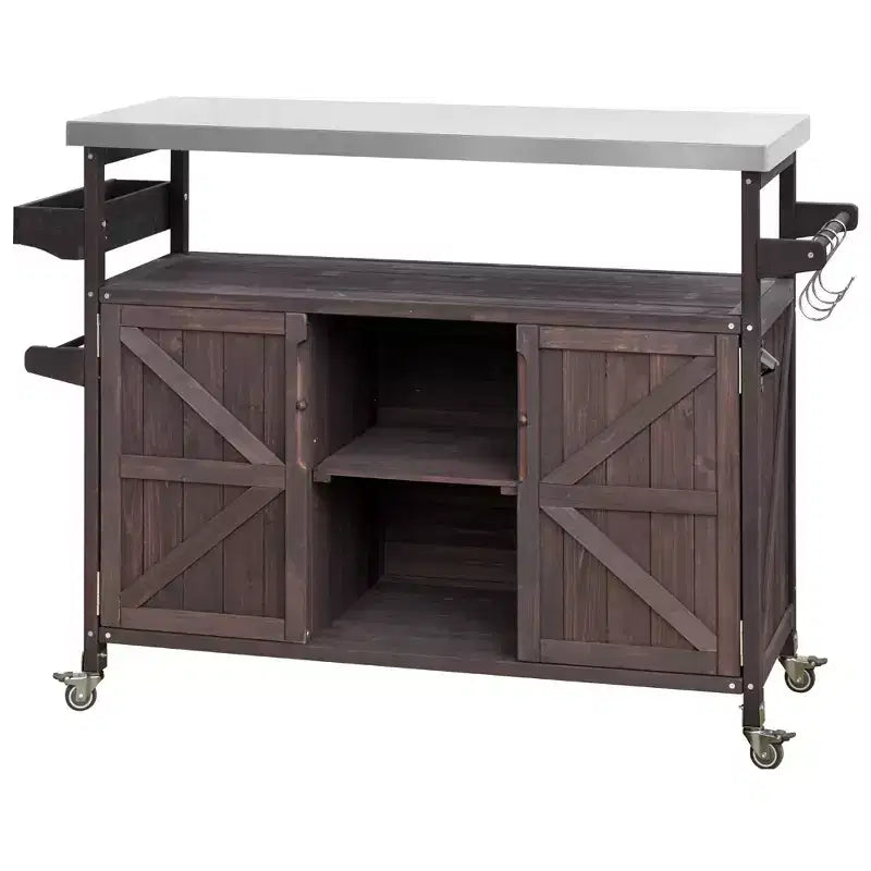 Îlot de cuisine d’extérieur Okak avec plateau en acier inoxydable, desserte de cuisine en bois avec portes, étagères et porte-épices, îlot de cuisine à roulettes