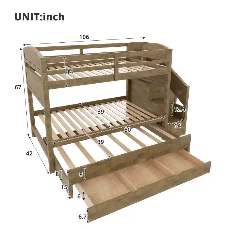 Whisen XL-Etagenbettgestell mit Ausziehbett, Etagenbett mit Stauraum, Etagenbett aus Massivholz, Stauraumtreppe, Kleiderschrank, 3 Schubladen, für Kinder