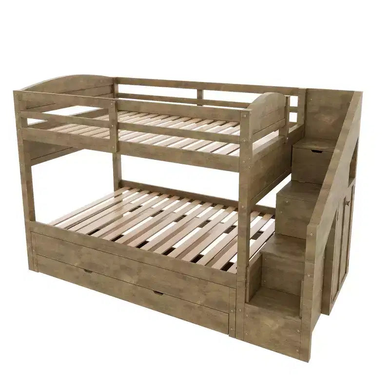 Whisen XL-Etagenbettgestell mit Ausziehbett, Etagenbett mit Stauraum, Etagenbett aus Massivholz, Stauraumtreppe, Kleiderschrank, 3 Schubladen, für Kinder
