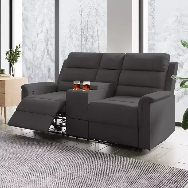 Beiges/graues Zweisitzer-Liegesofa aus Tech-Gewebe mit verstellbarer Rückenlehne und Fußstütze
