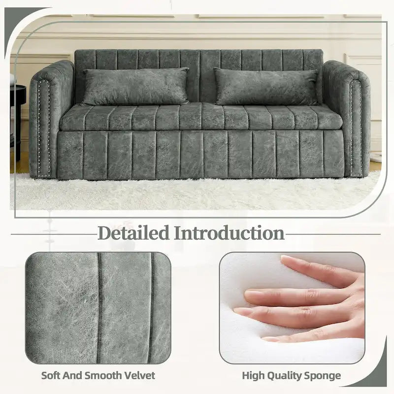 Moderner, wandelbarer Schlafsofa-Loungesessel aus Samt mit gerollten Armlehnen, verziert mit Kupfernägeln
