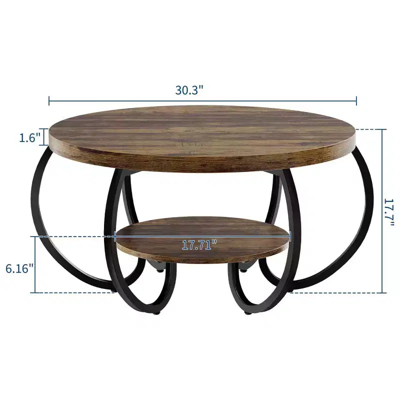 Ronde industriële salontafel van 30 inch, 2 niveaus, met verstelbare voetjes, plank met houtnerf, vlamontwerp, eenvoudig te monteren, voor de woonkamer