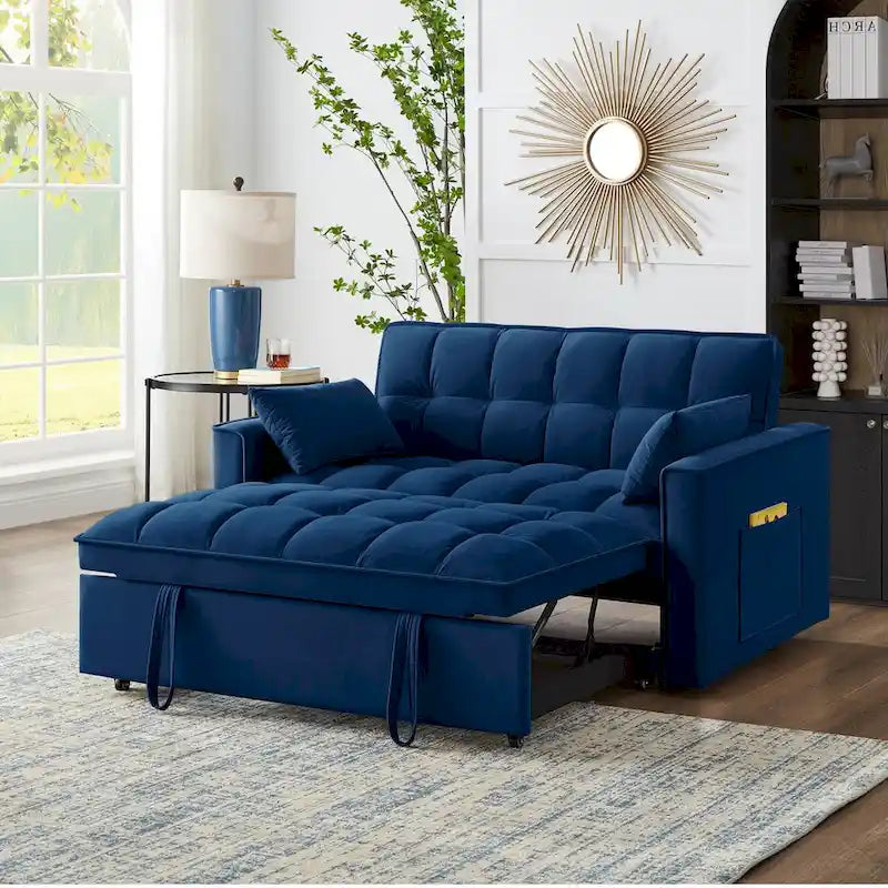4-in-1-Zweisitzer-Schlafsofa mit Armlehnen und Aufbewahrungstaschen, multifunktionales, getuftetes Ausziehsofa mit verstellbarer Rückenlehne