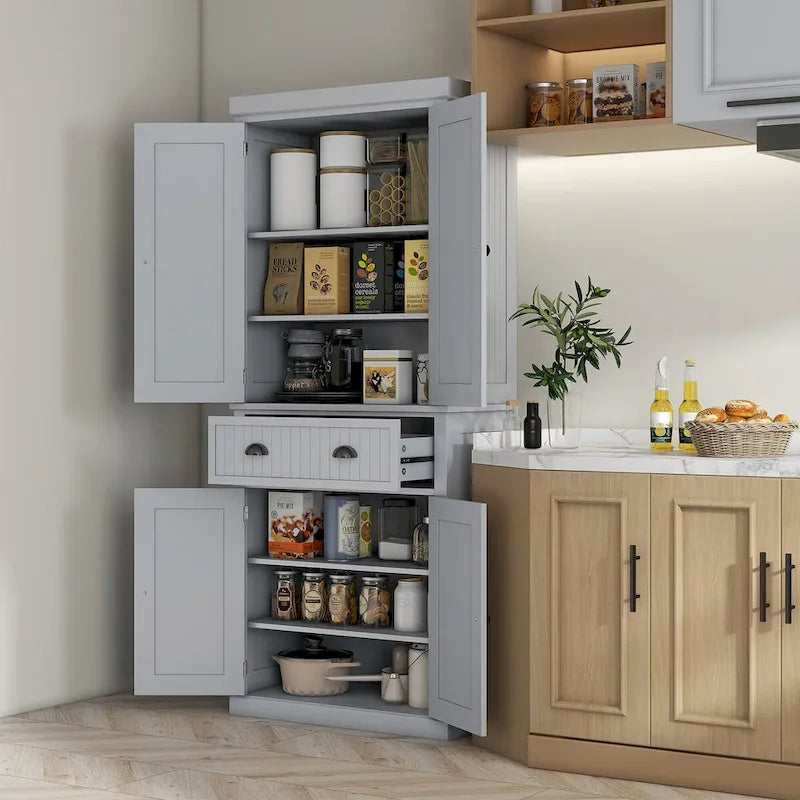 72 Zoll hoher Küchenschrank im traditionellen Stil, freistehend, mit 4 Türen, 3 verstellbaren Einlegeböden und großer mittlerer Schublade