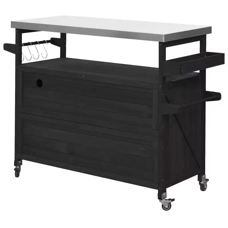 Îlot de cuisine d’extérieur Okak avec plateau en acier inoxydable, desserte de cuisine en bois avec portes, étagères et porte-épices, îlot de cuisine à roulettes
