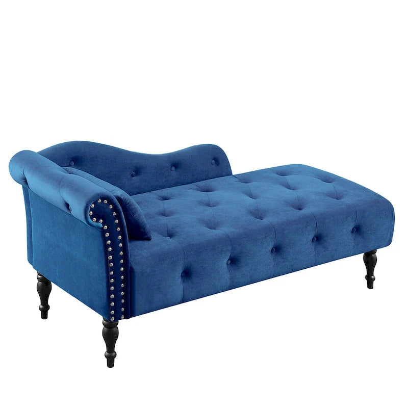 Moderne chaise longue van 60,6, bekleed met fluweel en voorzien van gecapitonneerde knopen, met poten van massief hout en sierspijkers