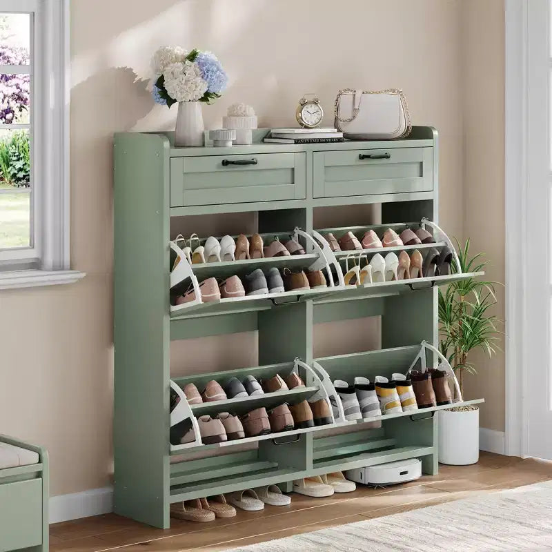 Schuhschrank mit 4 Klappfächern und 2 oberen Schubladen, Schuhschrank aus Holz mit verstellbarem Einlegeboden, freistehender Schuhschrank