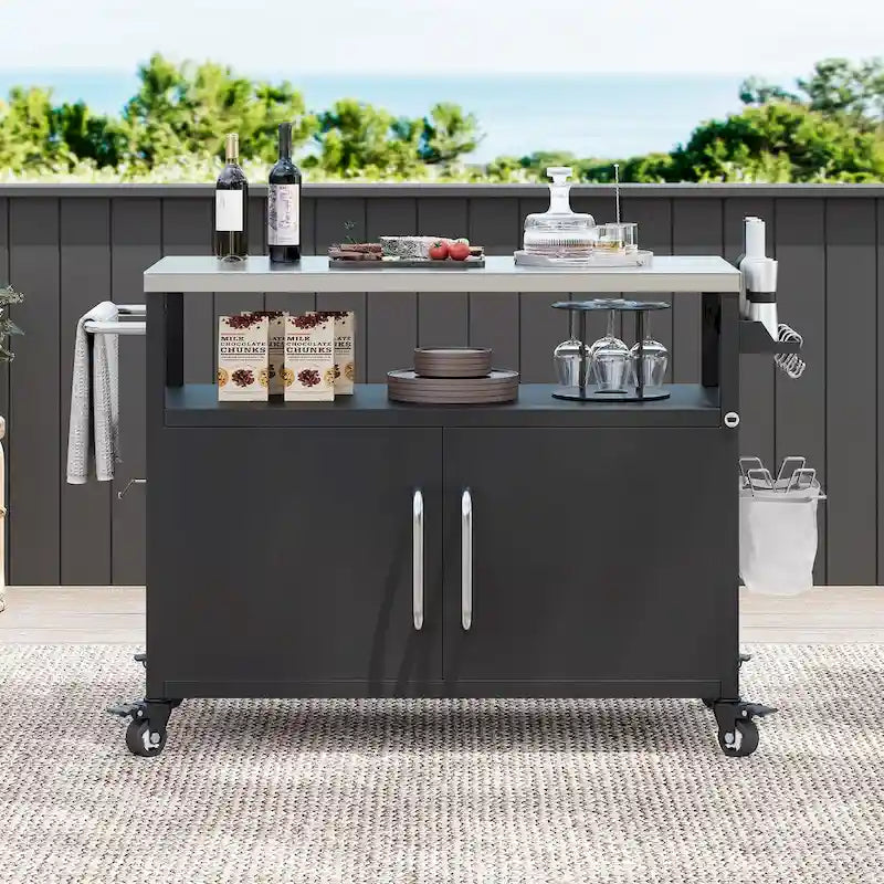 Buiteneiland voor de keuken met roestvrijstalen blad, metalen grillwagen met opbergkast - N/A