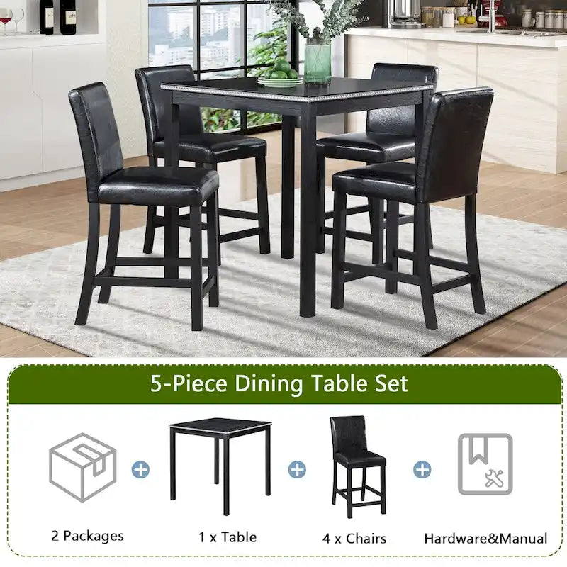 Modernes 5-teiliges Esszimmerset mit quadratischem Tisch in Thekenhöhe und 4 gepolsterten Stühlen
