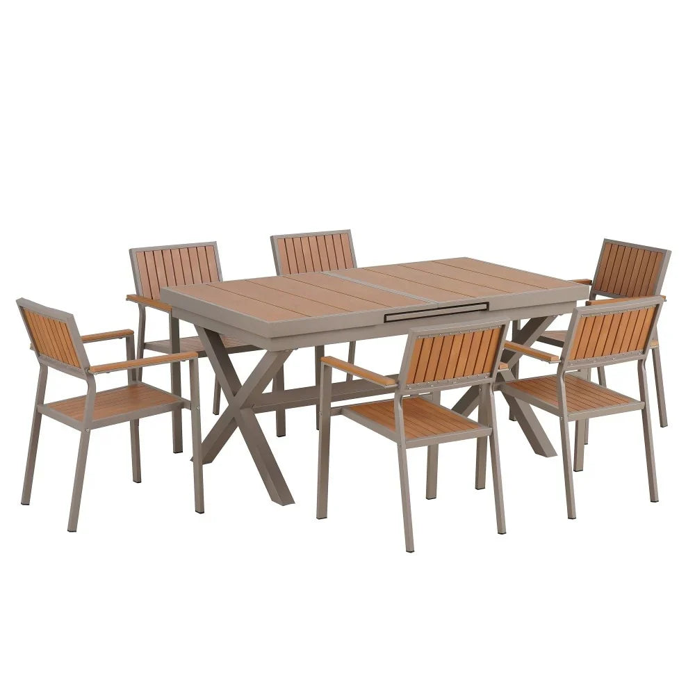 Modernes 7-teiliges Gartenmöbelset mit sechs Stühlen und ausziehbarem Tisch für die Terrasse