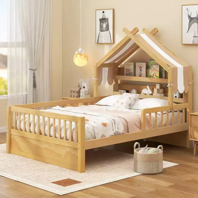 Lit cabane en bois ModernLuxe pour lit simple ou double avec tête de lit de rangement, cadre de lit pour enfant en pin massif avec barrières de sécurité