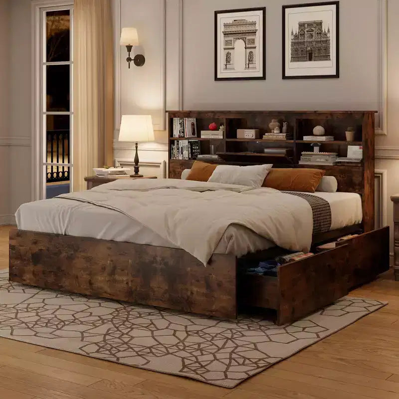 Cadre de lit double avec tête de lit de rangement, cadre de lit en bois avec 4 tiroirs, bibliothèque de rangement et lit plateforme king size avec support métallique robuste