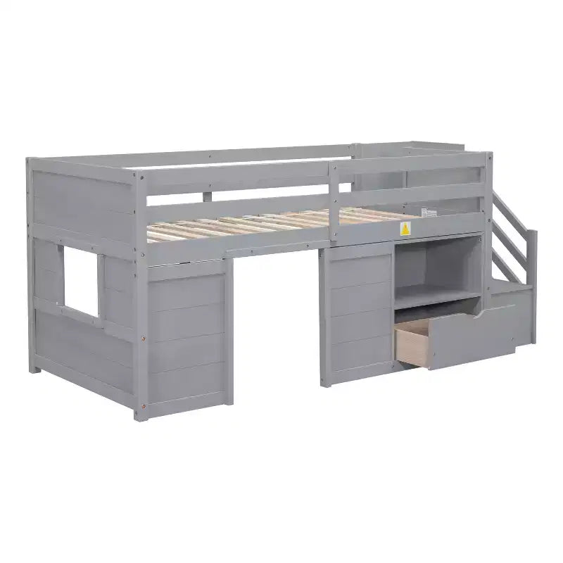 94.6L x 42.3W laag halfhoogslaper van massief hout voor een eenpersoonsbed, met trap, lade en plank, modern en strak ontwerp