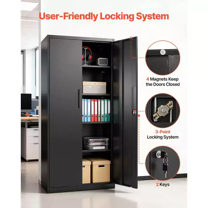 Armoire de rangement métallique VEVOR, armoire de garage verrouillable en acier de 68.9 in avec 4 étagères réglables, 2 portes magnétiques, 2 clés, 5 niveaux de rangement pour outils, noire