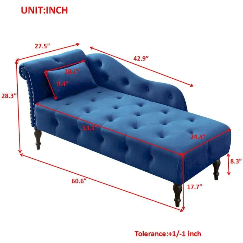 Moderne chaise longue van 60,6, bekleed met fluweel en voorzien van gecapitonneerde knopen, met poten van massief hout en sierspijkers