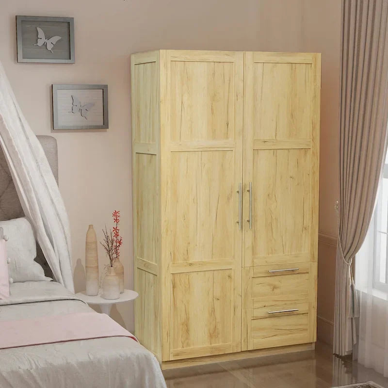 Armoire de rangement en bois blanc avec portes, tiroirs et tringle de penderie