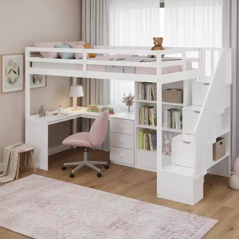 Hochbett in Einzelbettgröße mit L-förmigem Schreibtisch, 3 Schubladen, Schrank und Stauraum in der Treppe, Konstruktion aus massivem Kiefernholz/MDF