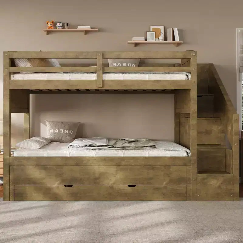 Whisen XL-Etagenbettgestell mit Ausziehbett, Etagenbett mit Stauraum, Etagenbett aus Massivholz, Stauraumtreppe, Kleiderschrank, 3 Schubladen, für Kinder
