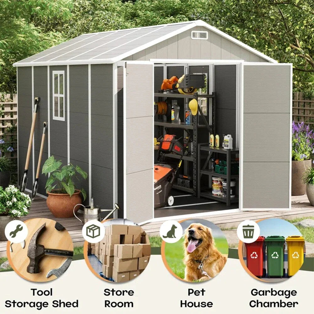 Abri de rangement extérieur en résine et plastique, tous temps, avec plancher, 6 ft x 4 ft/6 ft x 8 ft/8 ft x 6 ft/8 ft x 10 ft, abri à outils Spire