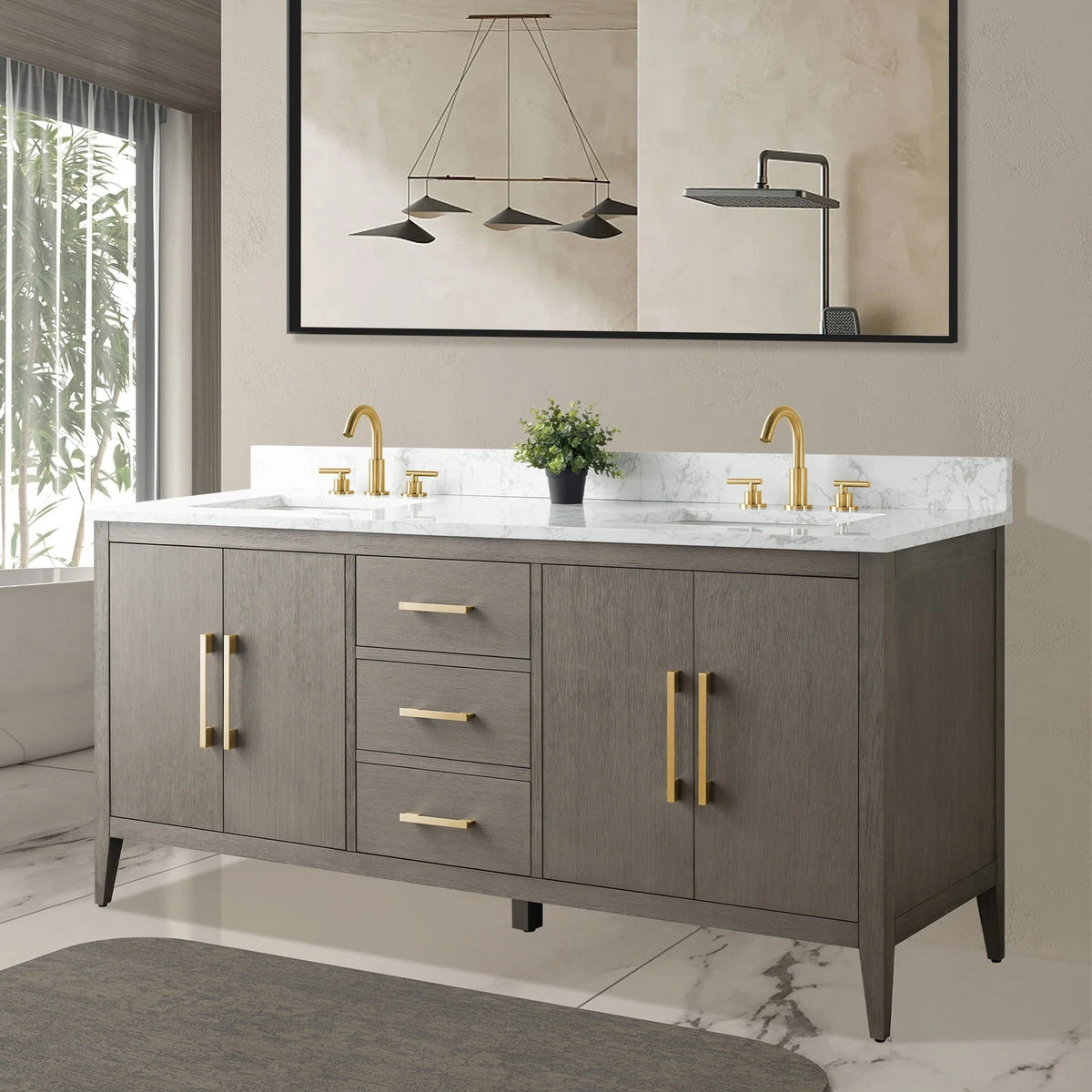 Vanity Art 72 Double Sink Bathroom Vanity Cabinet with Engineered Marble Top