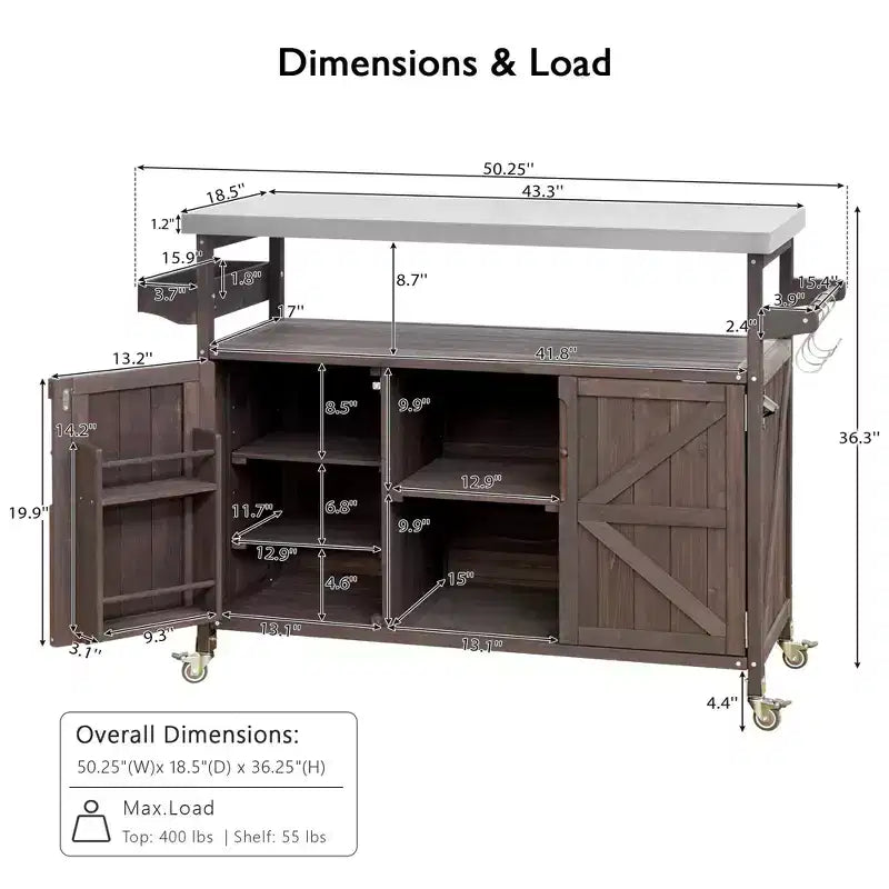 Îlot de cuisine d’extérieur Okak avec plateau en acier inoxydable, desserte de cuisine en bois avec portes, étagères et porte-épices, îlot de cuisine à roulettes