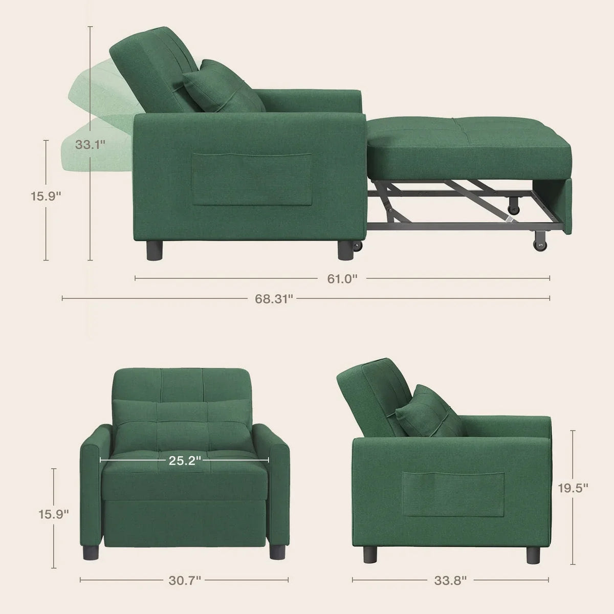 3-in-1-Schlafsofa mit verstellbarer Liegefläche, ausziehbares Sesselsofa, umwandelbares Klappbett fürs Wohnzimmer
