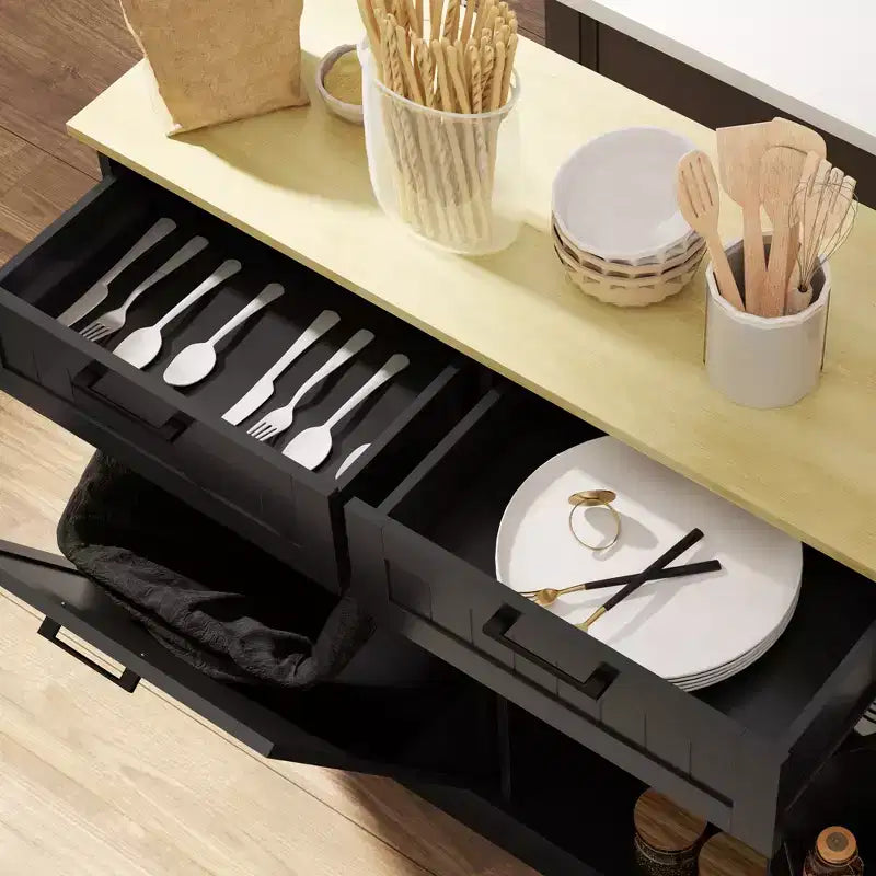Meuble HOMCOM pour poubelle à ouverture basculante avec tiroirs, meuble de cuisine style campagne avec poubelle dissimulée