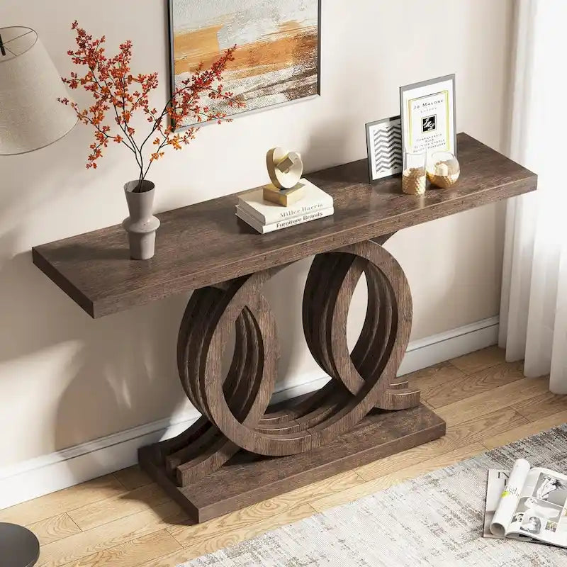 Vintage consoletafel met geometrisch onderstel, houten haltafel