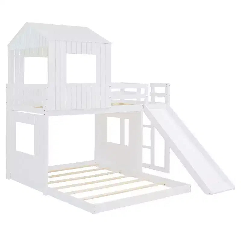 Lit superposé en bois Luxystar, couchage supérieur 1 place et inférieur 2 places, avec maisonnette, toboggan et barrières de sécurité