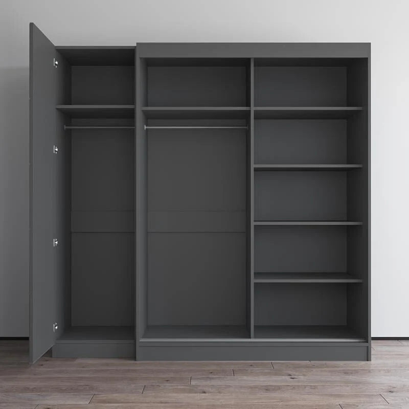 Kleiderschrank mit 2 Türen und Spiegel, Glasfront, für 2 Personen (Grau / Schwarz / Weiß)
