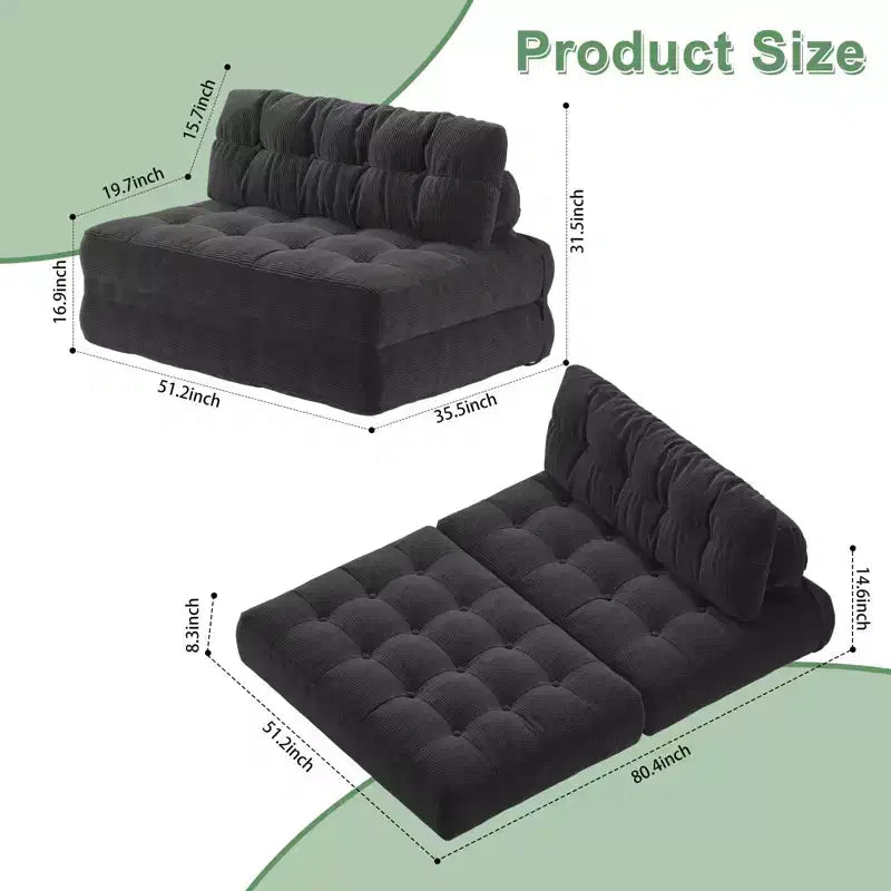 Klappbares Schlafsofa-Futon aus Cord in voller Größe, umwandelbarer Bodenschlafsessel mit Kissen und Rückenstütze