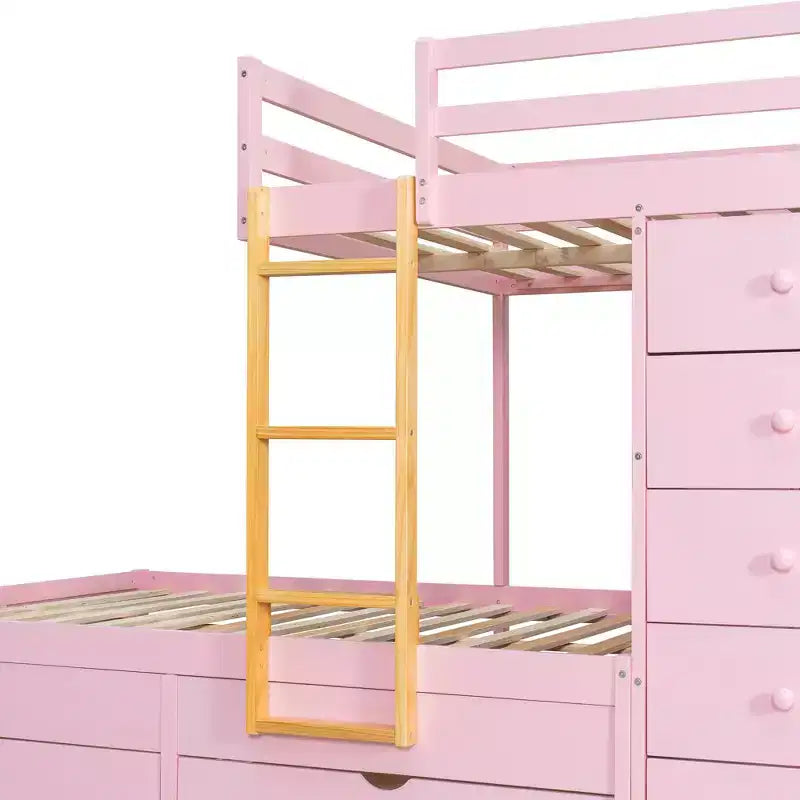 Stapelbed met twee tweepersoonsbedden, opbergkast en laden, houten stapelbed in tweepersoonsformaat met ruimtebesparend ontwerp en veiligheidsreling voor appartement en slaapkamer