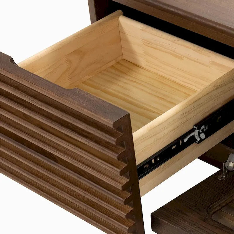 Minimalistische tv-kast met lades, mediameubel van massief hout met kasten, neerklapbare deur, walnootfineer, volledig gemonteerd