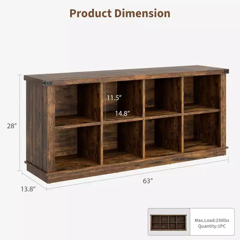Bibliothèque de rangement à 8 casiers, style champêtre, modèle horizontal, bibliothèque en bois de 62 pouces pour entrée, longues bibliothèques basses pour salon