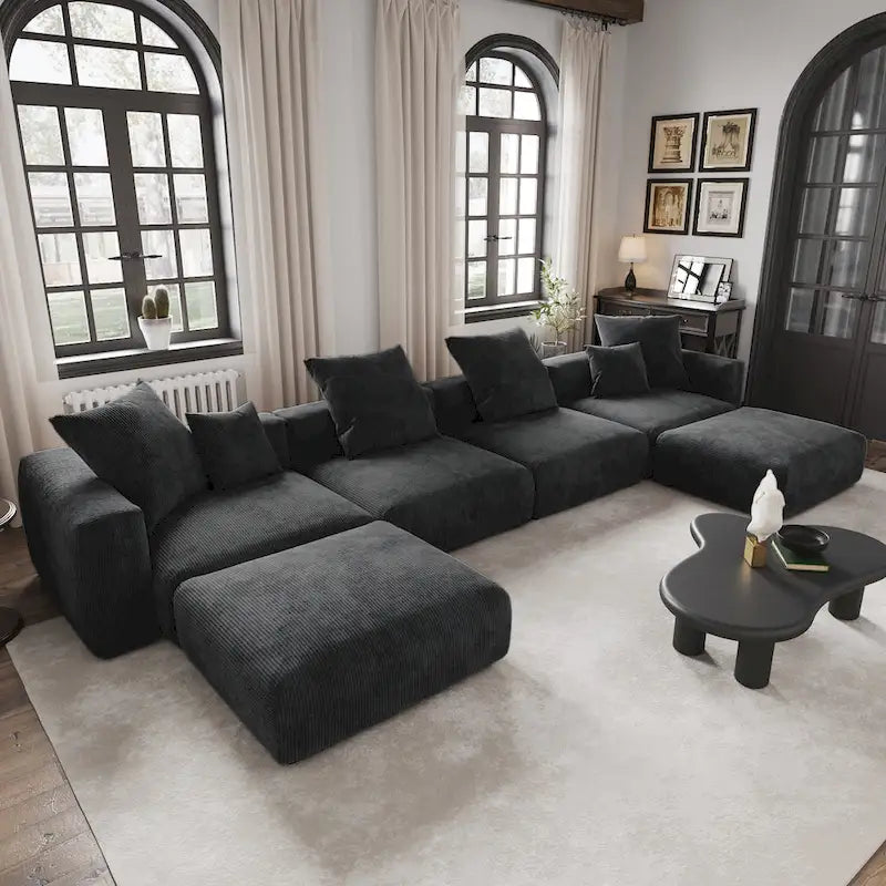 Großes modulares U-förmiges Ecksofa aus Cord mit 4 Sitzplätzen, 2 Hockern und 5 Kissen