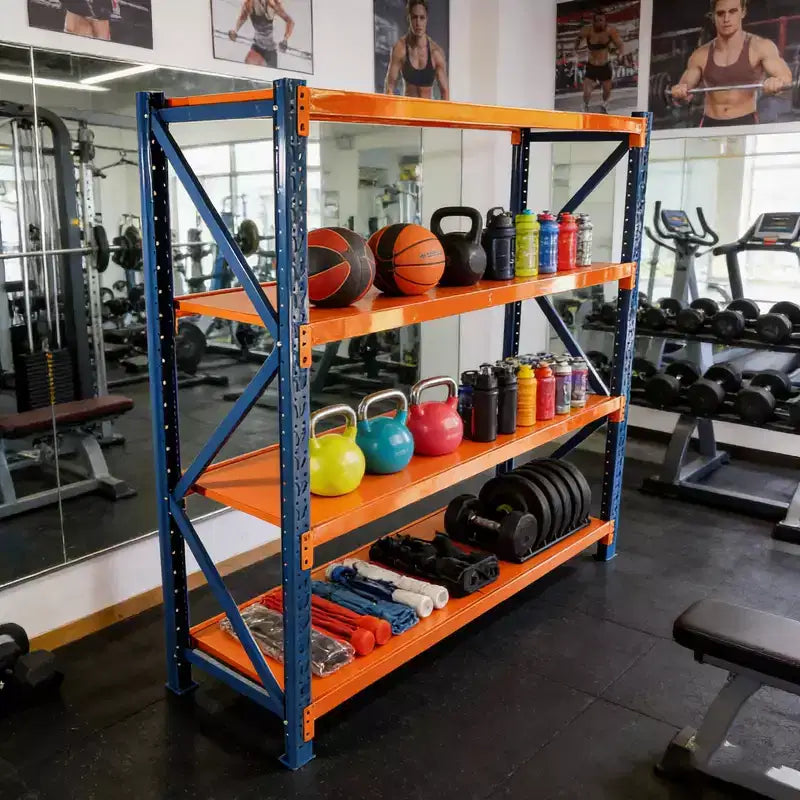 VIYET extra stevige garageschappen, verstelbare metalen stellingkast met 4 niveaus en een draagvermogen van 4400LBS, blauwe en oranje industriële opslag voor winkels, gereedschap en sportscholen