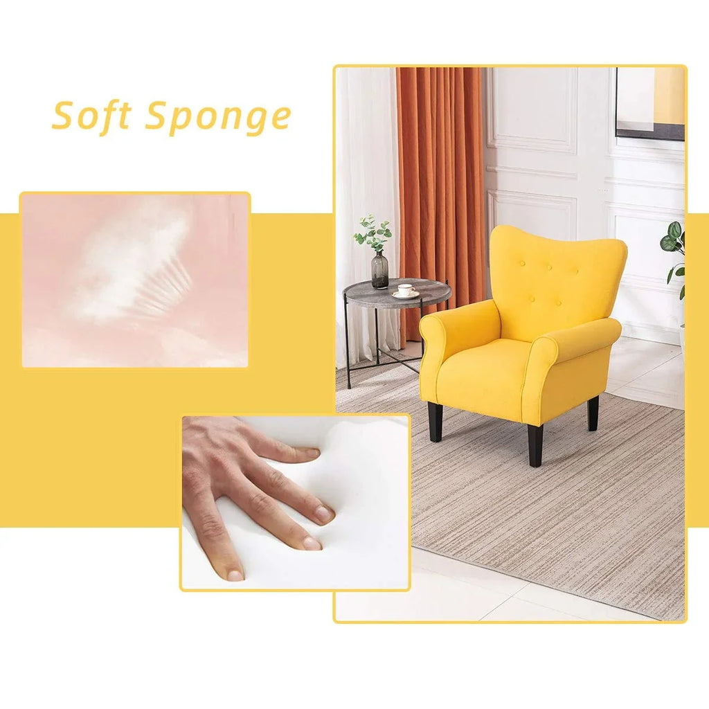 Fauteuil d’appoint moderne Erommy à dossier haut, fauteuil une place en tissu rembourré avec boutons et pieds en bois, pour salon