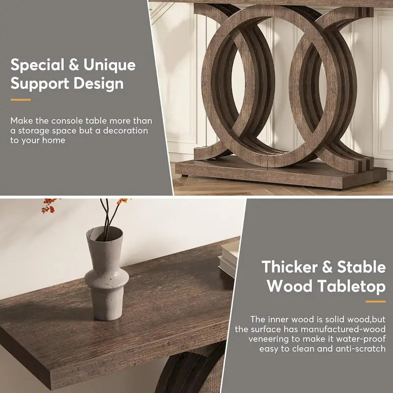 Vintage consoletafel met geometrisch onderstel, houten haltafel