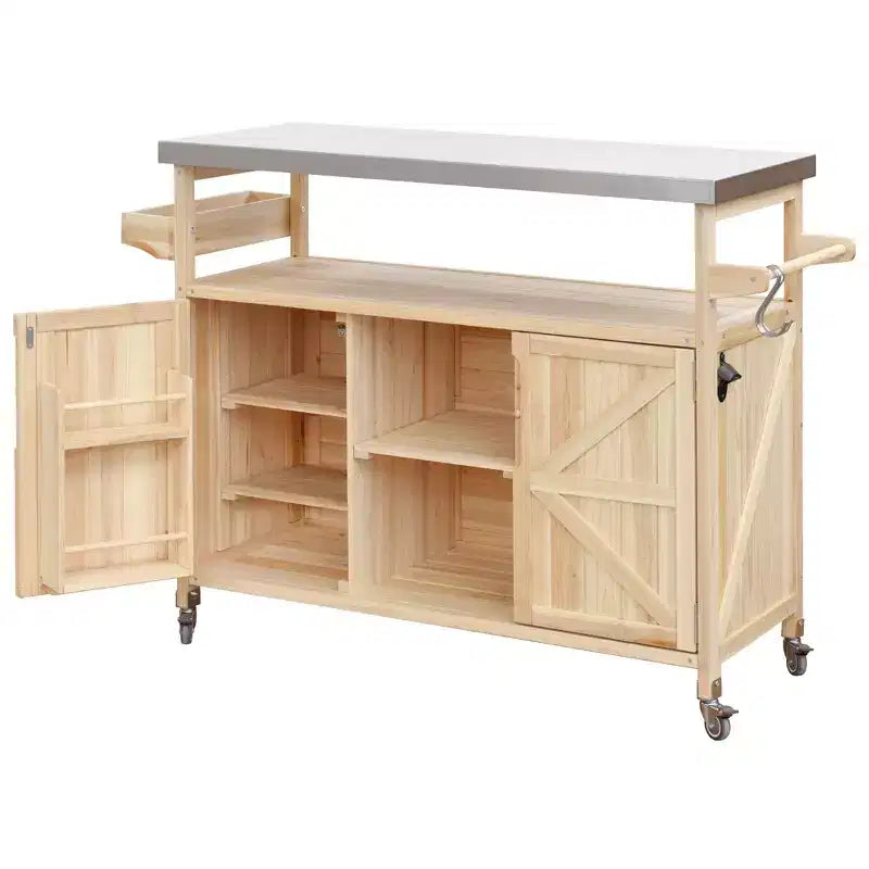 Îlot de cuisine d’extérieur Okak avec plateau en acier inoxydable, desserte de cuisine en bois avec portes, étagères et porte-épices, îlot de cuisine à roulettes