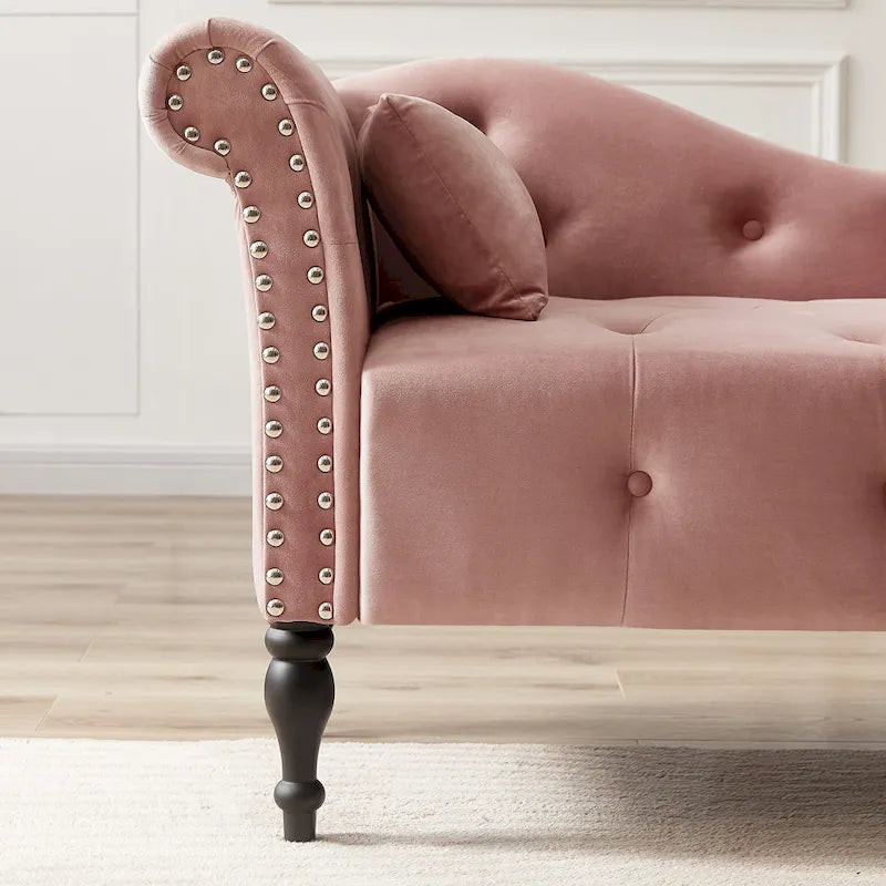 Moderne chaise longue van 60,6, bekleed met fluweel en voorzien van gecapitonneerde knopen, met poten van massief hout en sierspijkers