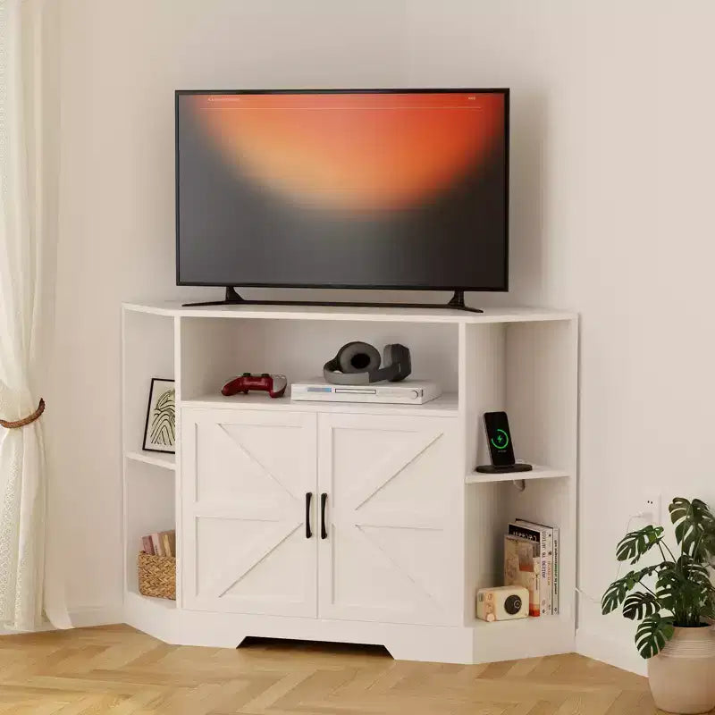 Meuble TV d’angle pour téléviseurs jusqu’à 55, console multimédia de style maison de campagne avec portes de grange, étagères ouvertes et placard de rangement, blanc