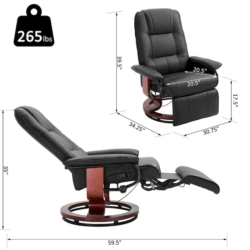 HomCom verstelbare handmatige relaxfauteuil van imitatieleer met draaivoet en comfortabele, ontspannende voetensteun