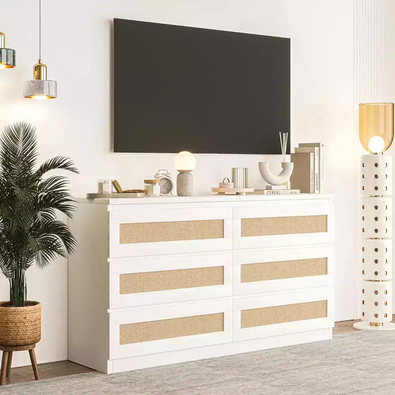 Rotan ladekast voor de slaapkamer met 6 laden, brede moderne ladekast van 47 inch in landelijke stijl, houten opbergkast en organizer voor kledingkast, woonkamer en hal